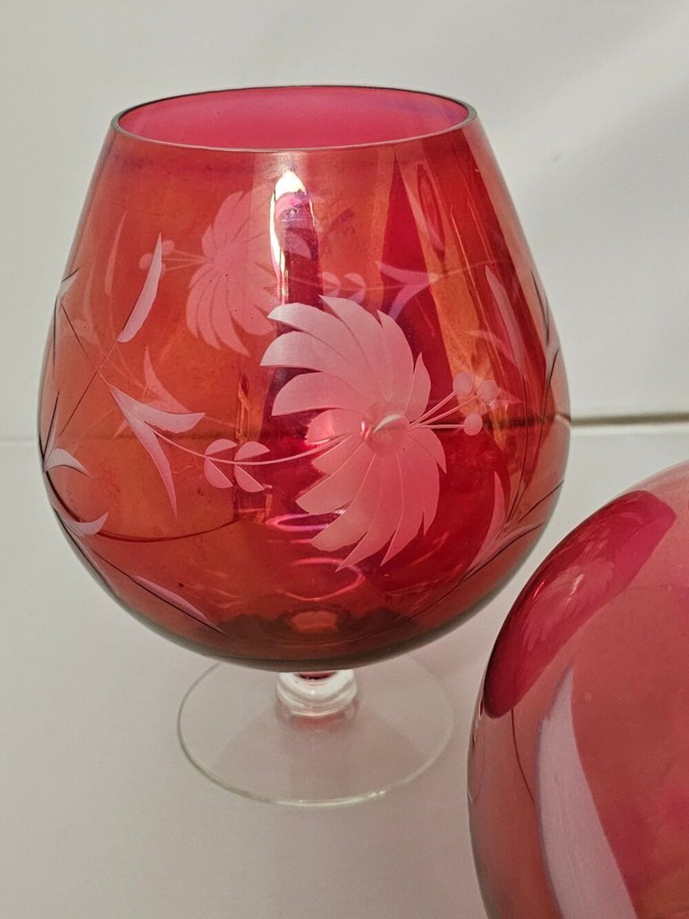 3 Cranberry Etched Floral Vase Glass vintage romantic showers weddings centerpie - Picture 7 of 11
